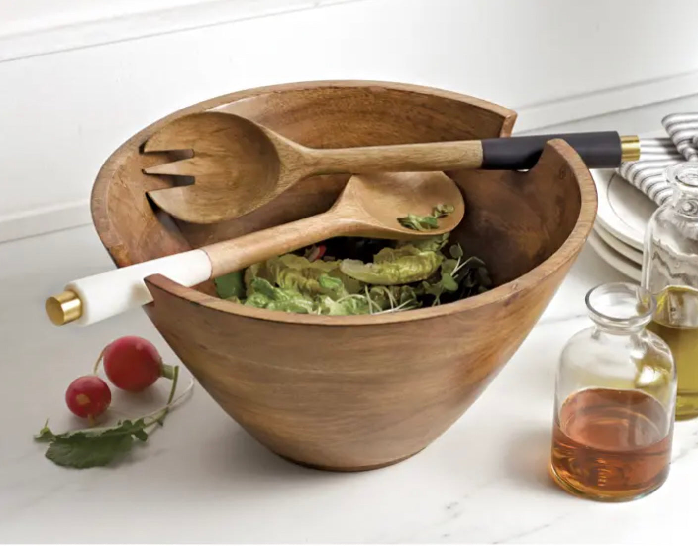 wooden serving bowl & utensil set